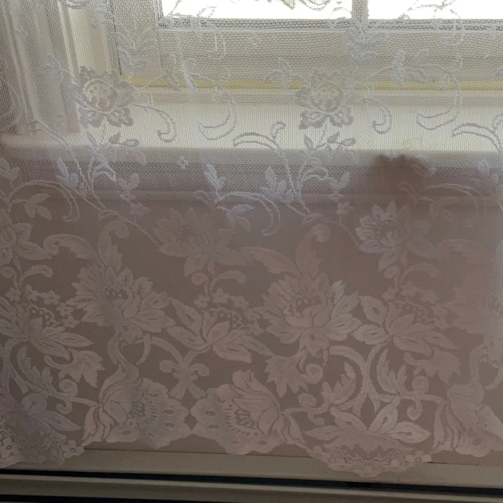 Elegant White Lace Curtain Panels Floral, Scalloped Bottom - 74” x 56” -Set of 3